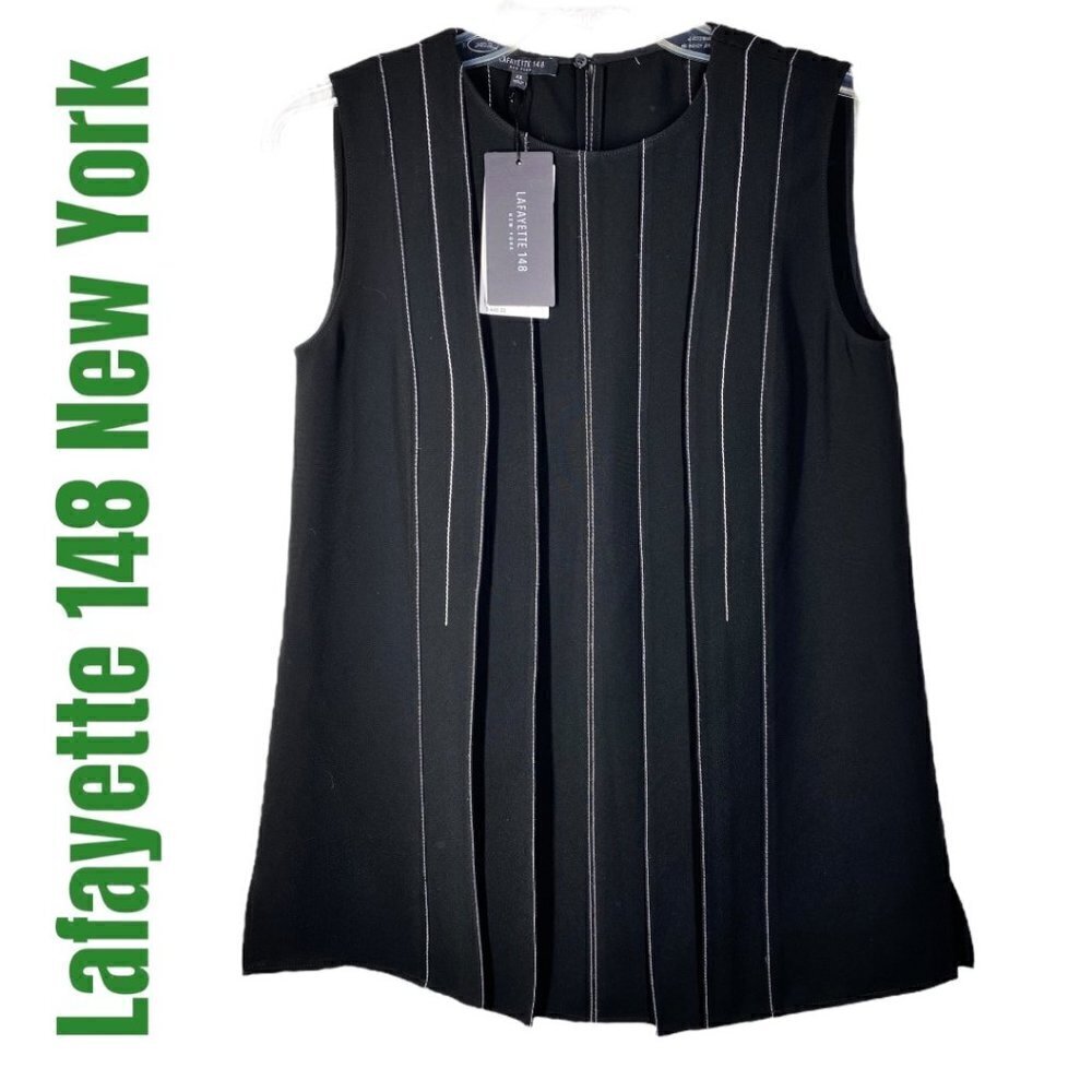 NWT LAFAYETTE 148 NEW YORK Black Sleeveless Blouse Reverse Stitch Detail, XS